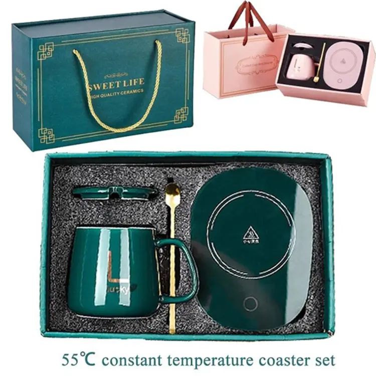 Portable Coffee Cup Warmer Heater Set Heat Heating Cup Pad Ceramics Mug Thermostatic Electric Coaster 55 Mug Mat Office Tea Coffee Milk Heater with Cup Spoon(Gift Box Package